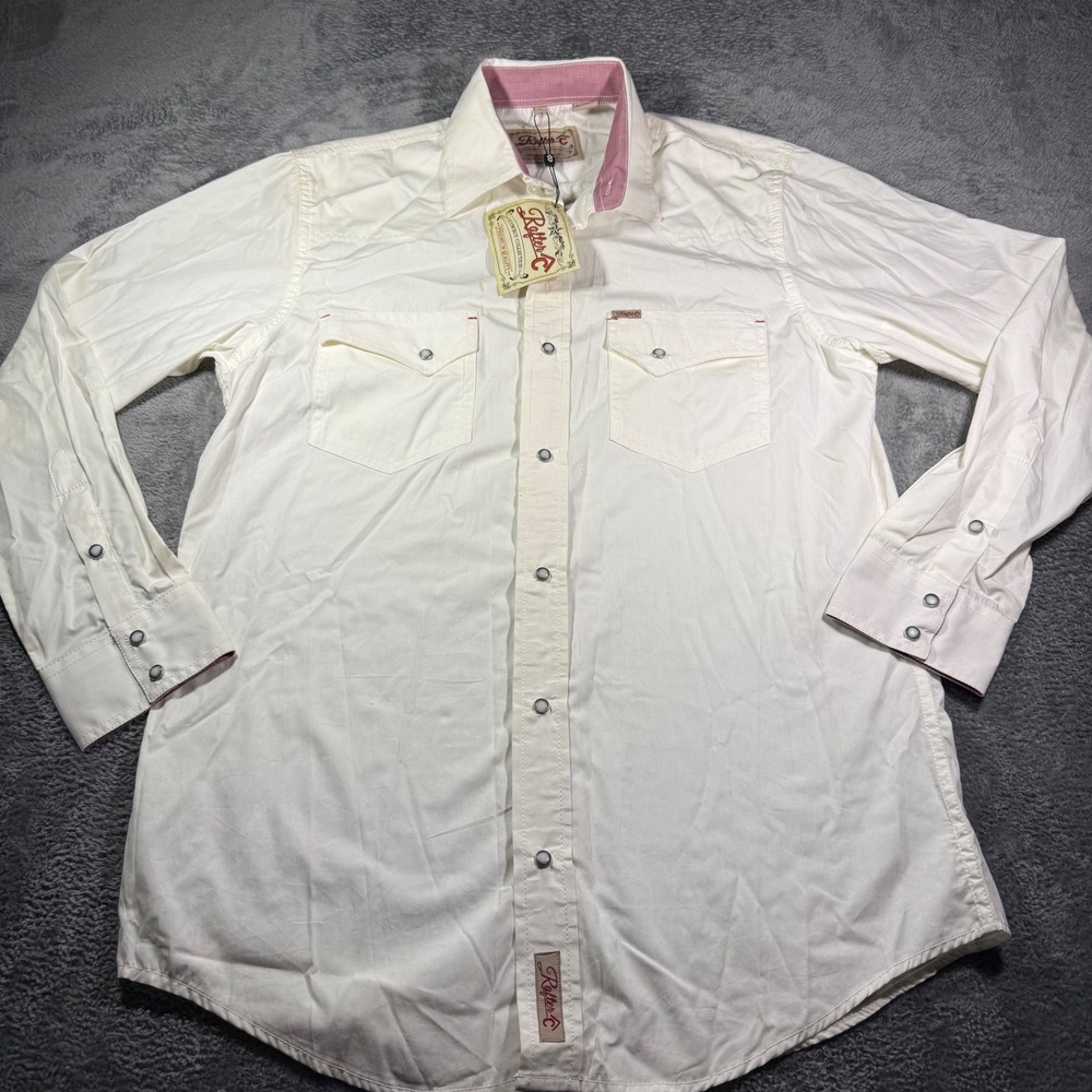 Rafter C Mens Western Pearl Snap Shirt Off White Cotton Cowboy Collection Med